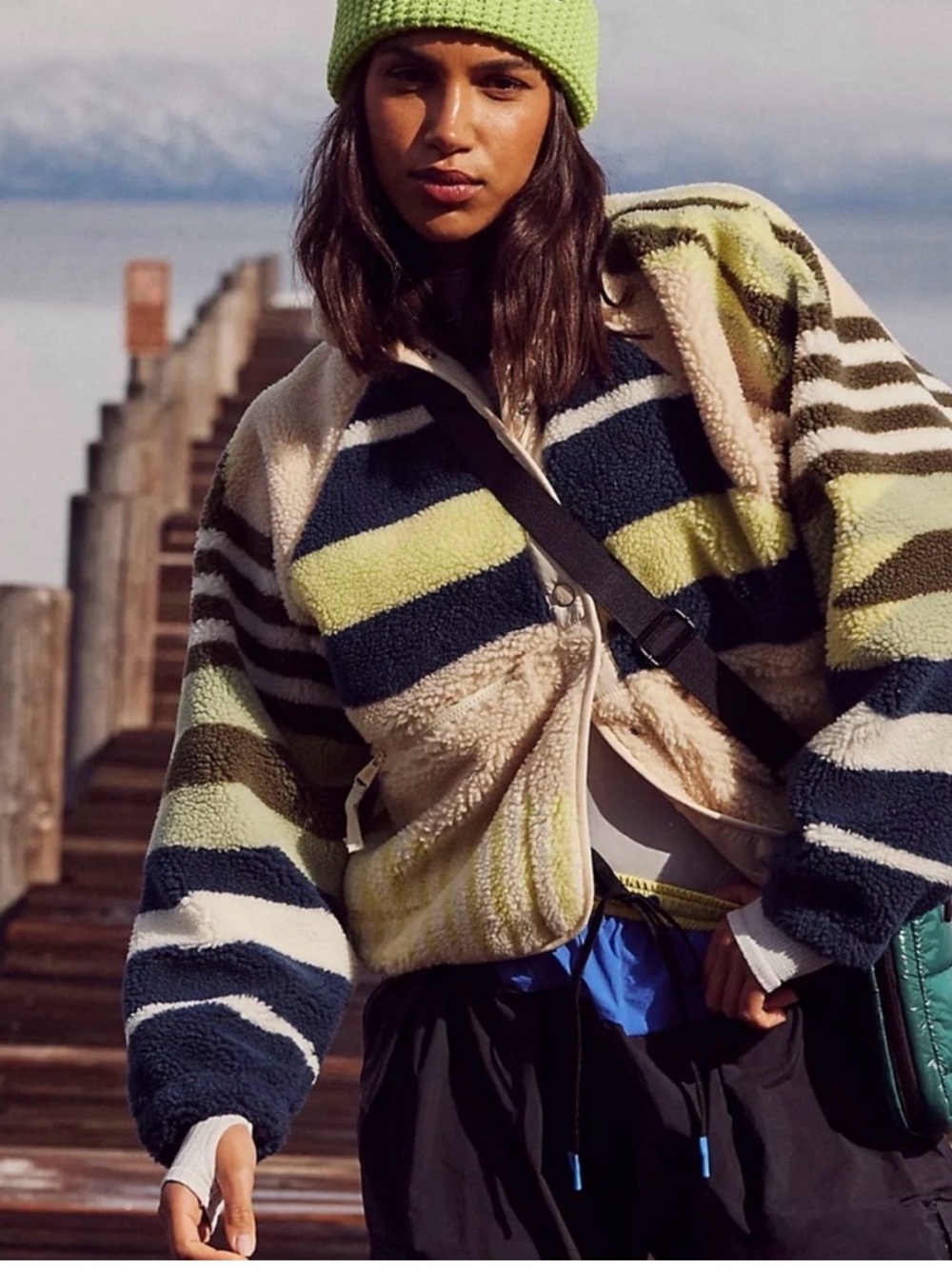 Free People Hit The Slopes Fleece Jacket in Fieldling Stripe Combo Small